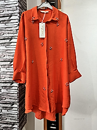 İncili taşlı turuncu tunik