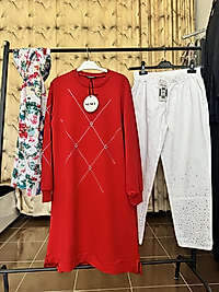 Üçlü taşlı kombin kırmızı