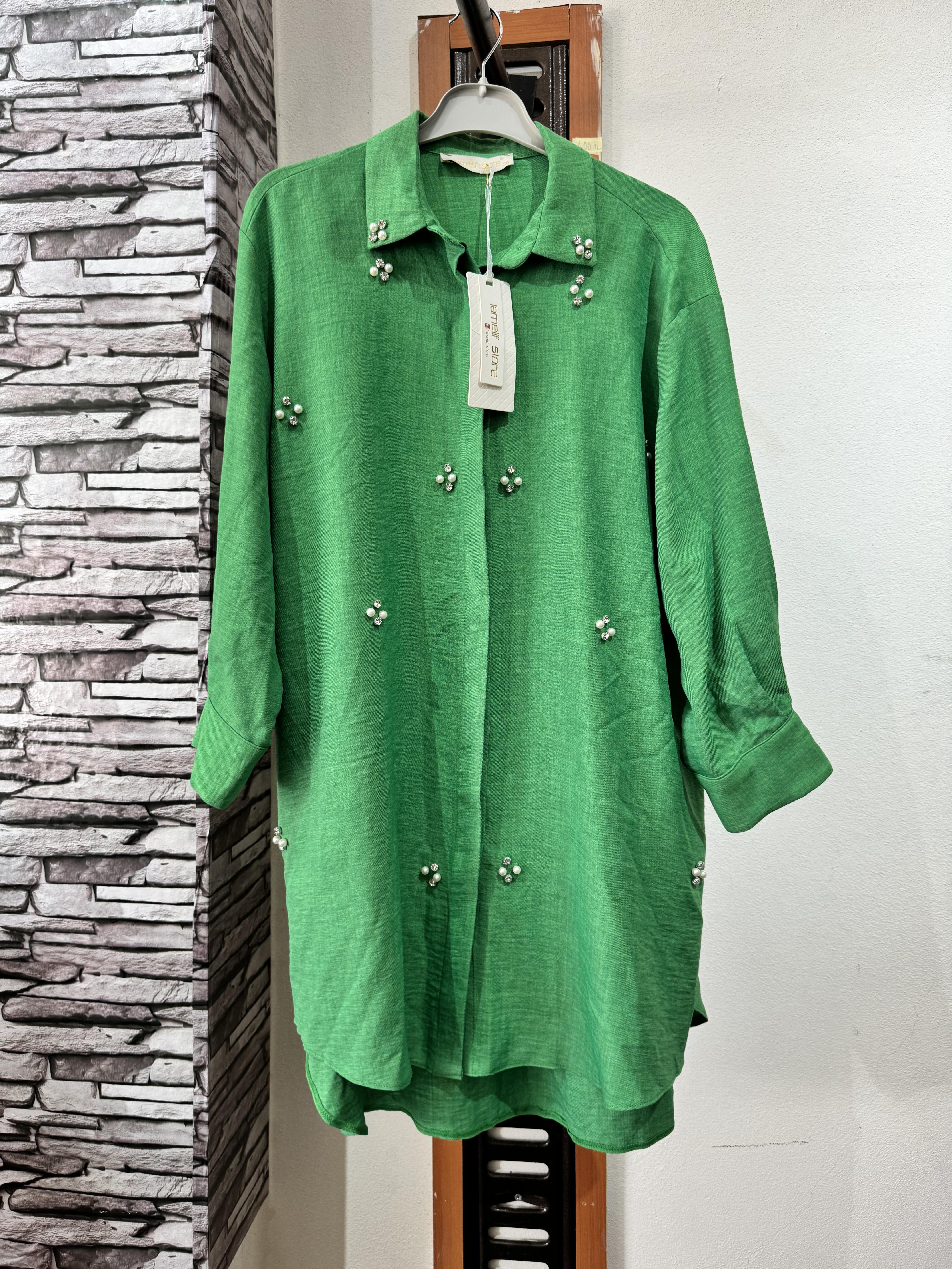 İncili taşlı yeşil tunik
